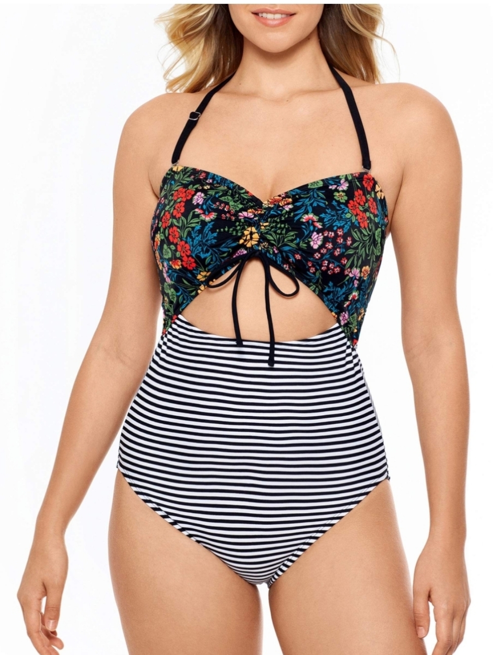NEW Time and Tru Black Floral and Striped Women's One-Piece Swimsuit